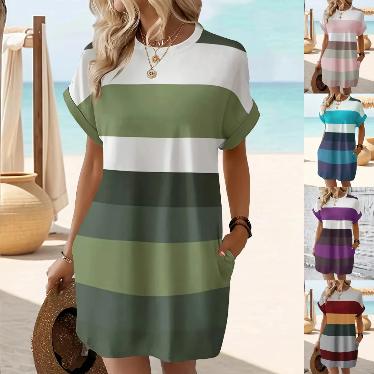 Chic Plus Size Klänning: Elegant Stripes Roll-Up ärmar Fickor – Bekväm och avslappnad damklänning — image 2
