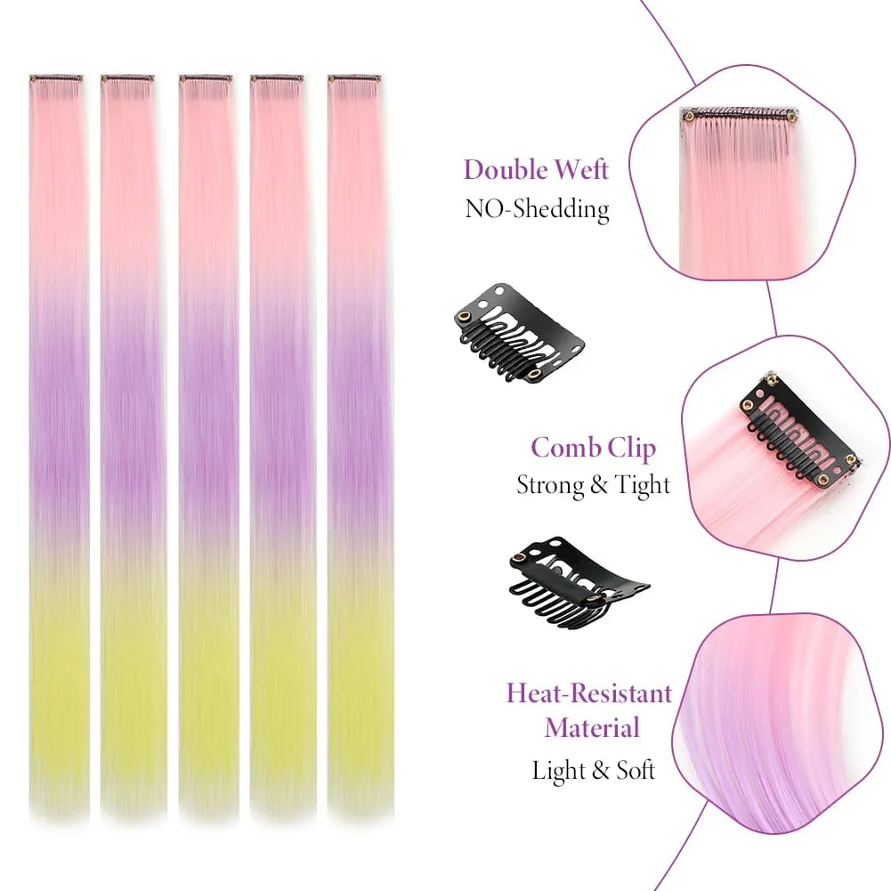 5PCS/set Clip in Hair Extensions Synthetic Hairpieces Colored Party Highlights for Girls 18 inches Multi-colors Straight Hair — image 5