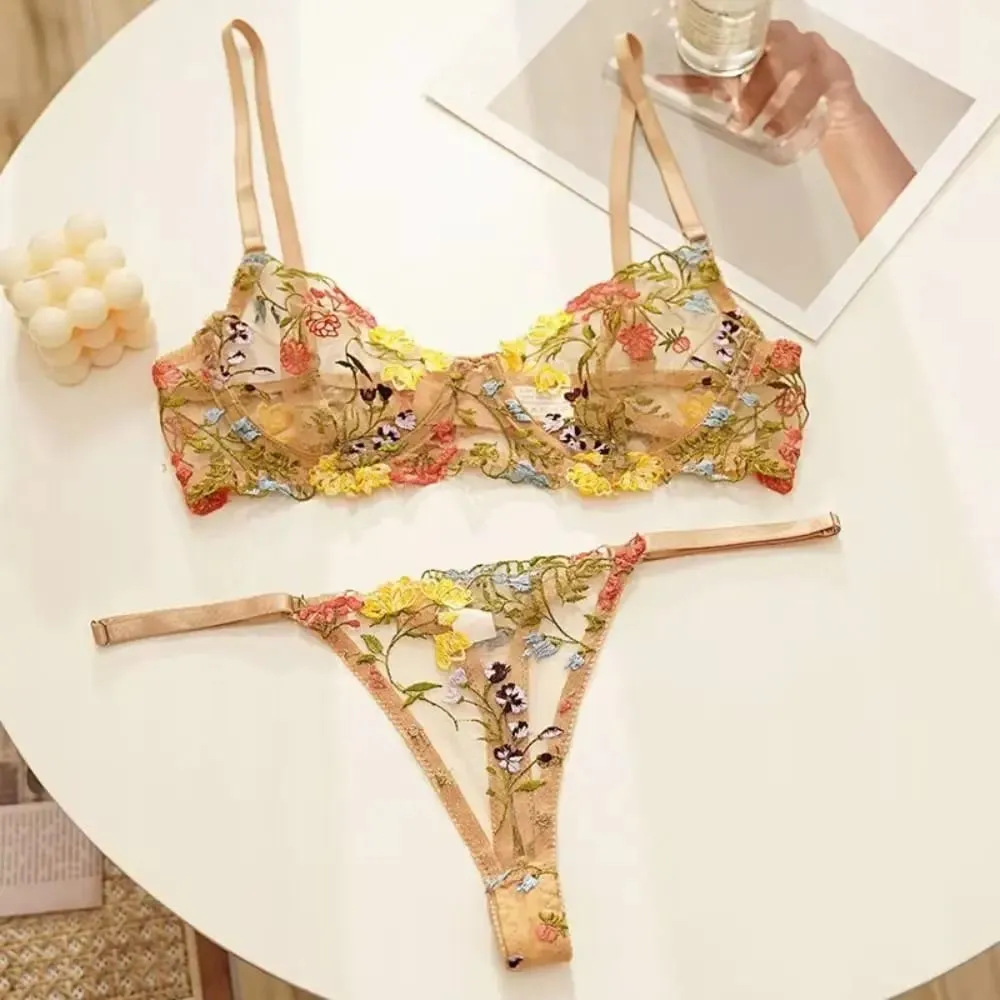 Bohemia Transparent Lingerie Set Ultra-thin Elegant Embroidery Floral Underwear Push Up Bra Suit Honeymoon