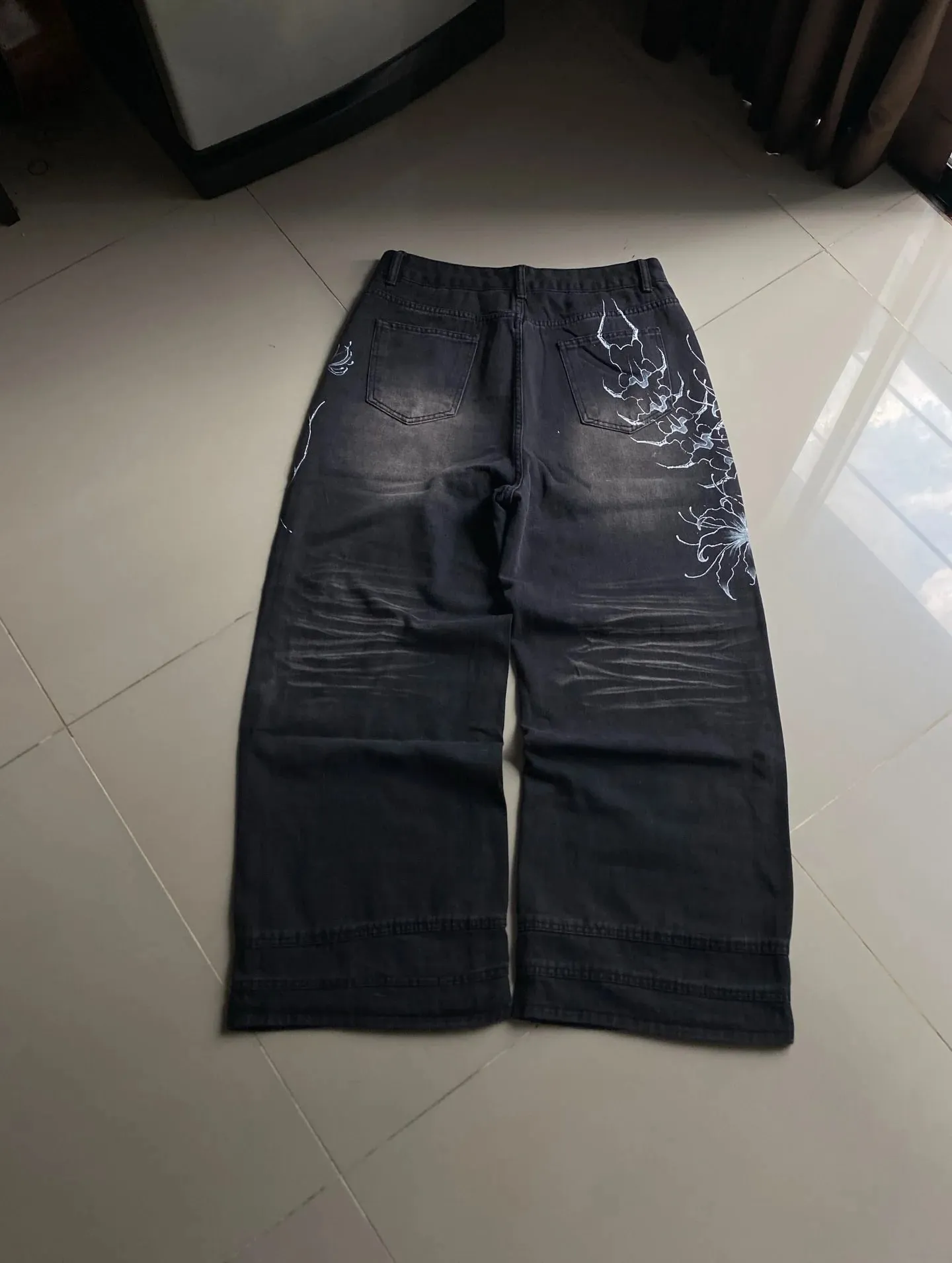 Y2K Vintage Gothic High Street Denim Black Wash Gradient Spine Spider Lily Print Wide Leg Jeans — image 6