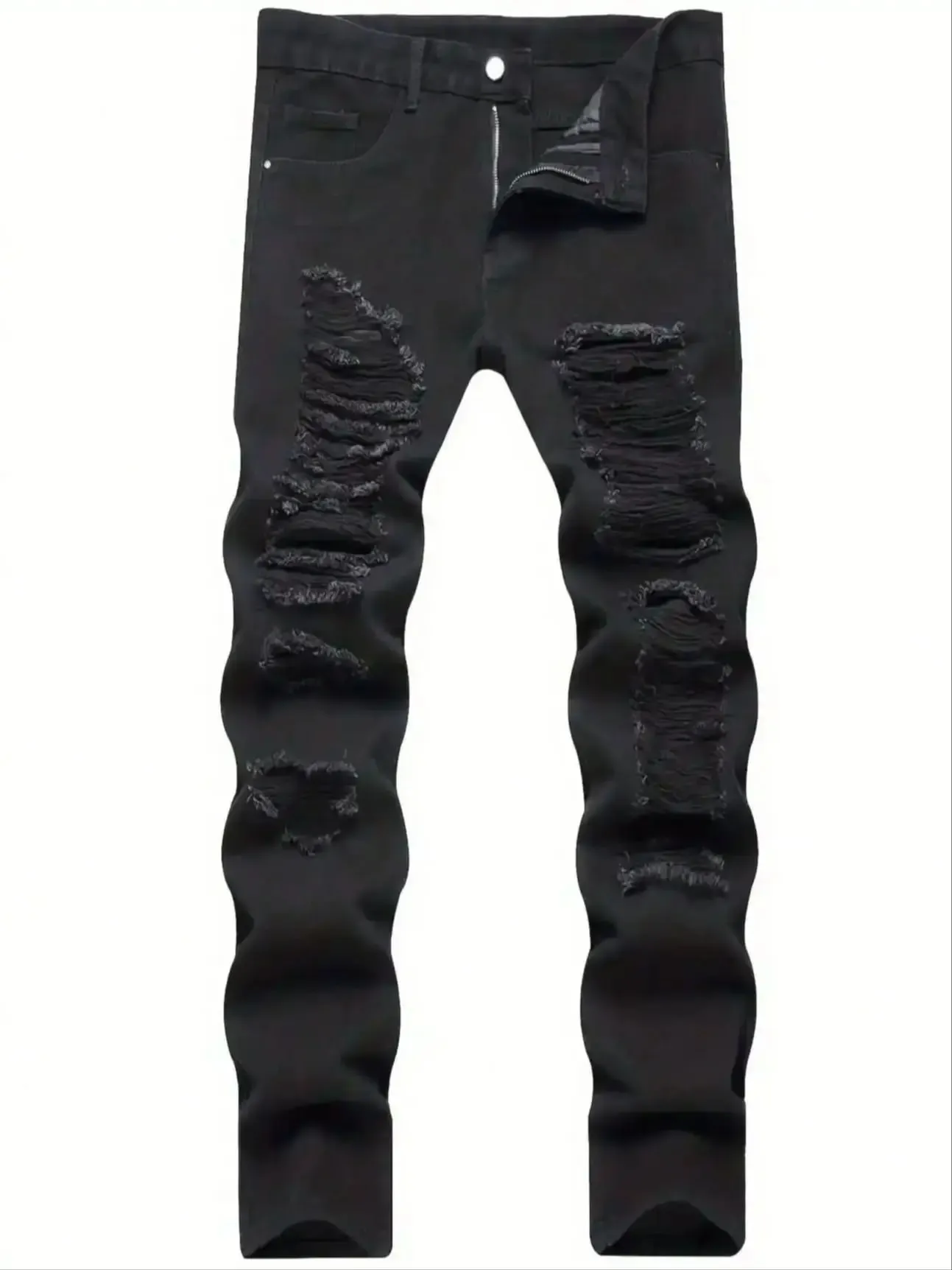 Single piece of trendy streetwear: straight-cut ripped denim jeans in black. — image 7