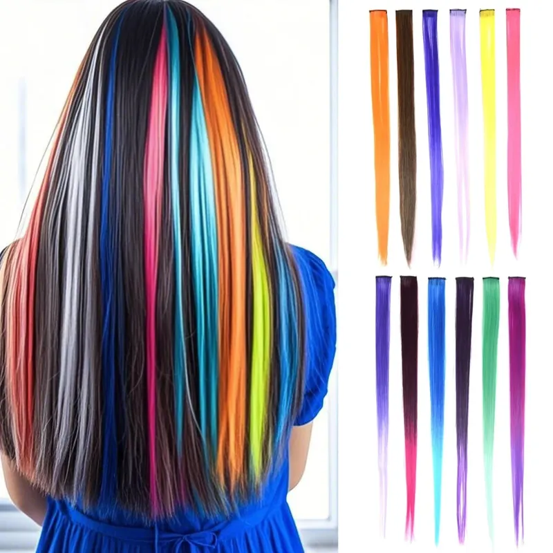 Synthetic Clip-in Hair Extensions 22" Long Colorful Straight Hair Pieces Synthetic Hairpieces for Daily Festival Party