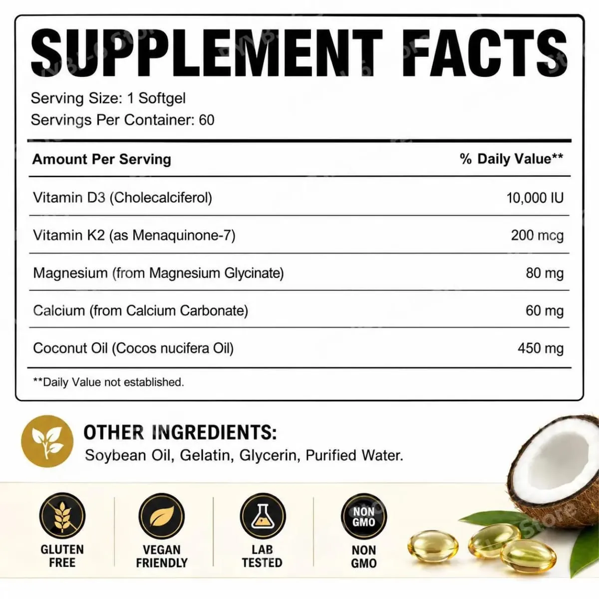 Docteat Vitamin D3 & K2 Softgels with Magnesium and Coconut Oil for Bone Nutrition Balance Immune System Balance - 60 Softgels — image 3