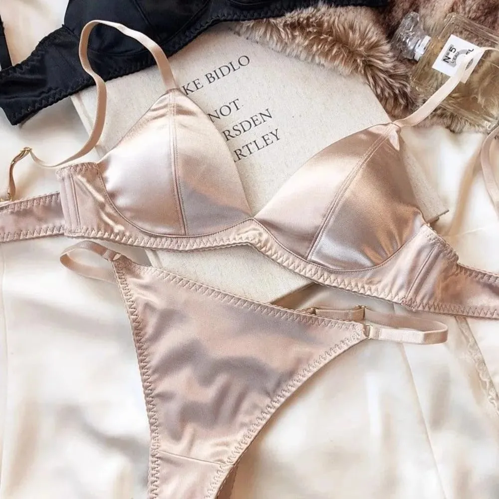 French Style Women Satin Triangle Cup Bra Set Thin Wireless Seamless Sexy Lingerie Light Support Comfort Brassiere Underwear — image 6