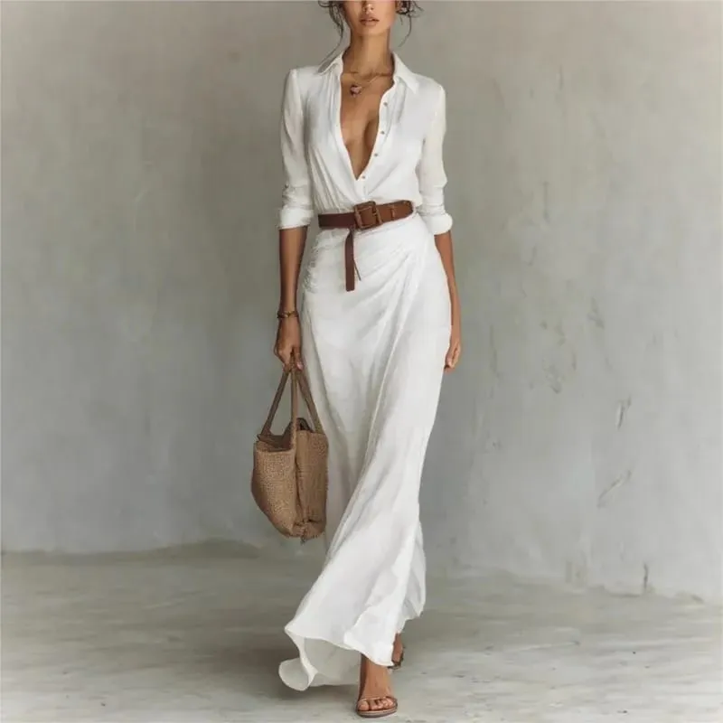 Moda feminina sólido vestido de festa de férias elegante lapela botão drapeado vestido longo casual manga longa jogo com cinto camisa vestido — image 6