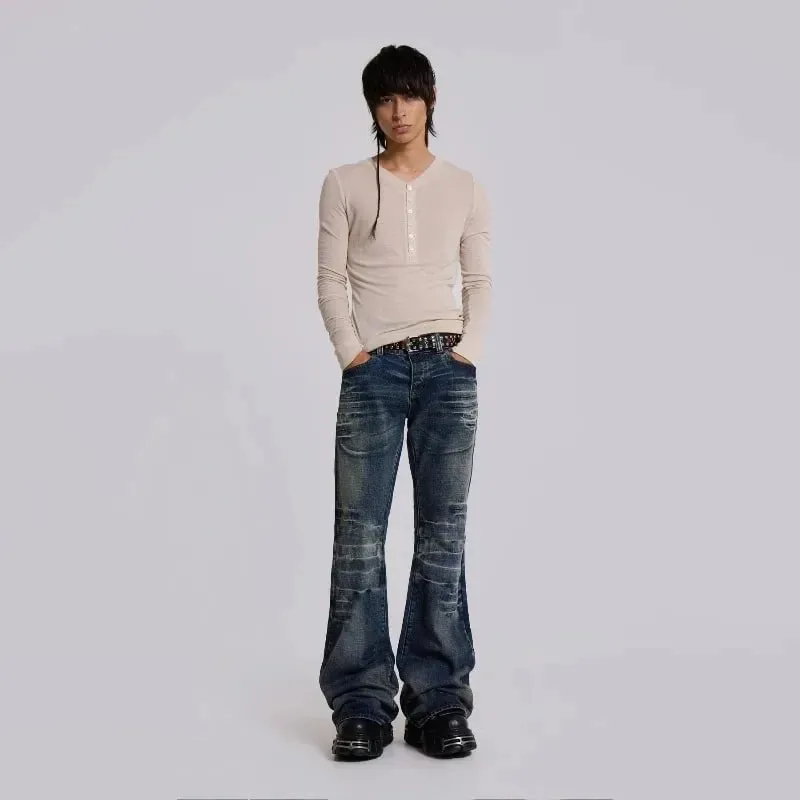 Y2K Mid Blue Flared Jeans Washed Men Women Bootcut Jeans Gothic High Street Unisex Streetwear Baggy wide leg Pants — image 4