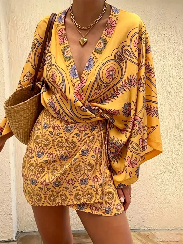 Bohemian Color Block Paisley Print Kimono Wrap Mini Dress Women V Neck 3/4 Sleeve Beach Cover Up Casual Short Dresses Summer 202 — image 7