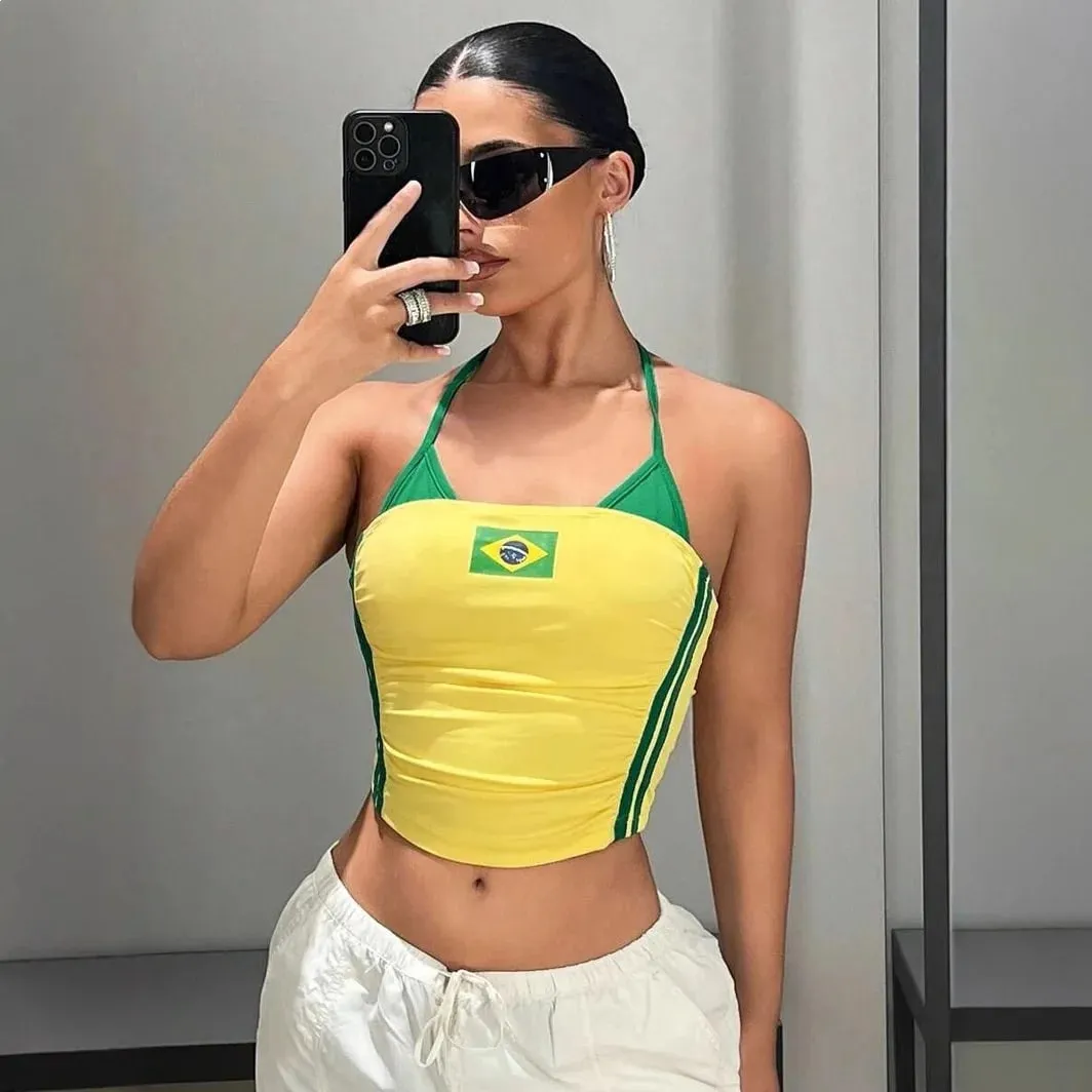 Women Brazil Flag Print Halter Crop Top Y2K Color Block Sling Cami Top Ruched Sleeveless Tube Tank Top Streetwear Summer Vest — image 2