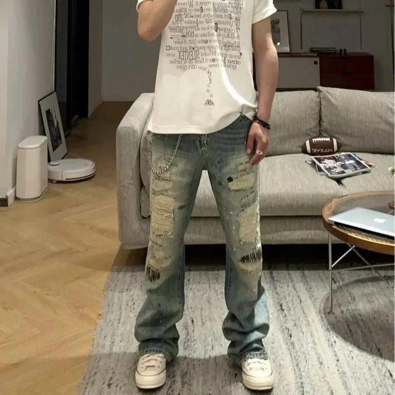 Men's Jeans High Street Vintage Distressed Ripped Faded Man Pants Blue Straight Denim Trousers Embroidery Design Bootcut