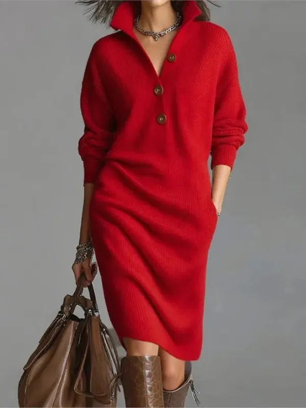 Autumn Fashion Knitted Button Lapel Women Dress Casual Loose Pocket Lazy Straight Over The Knee Long Sleeve Sweater FemaleDress — image 12