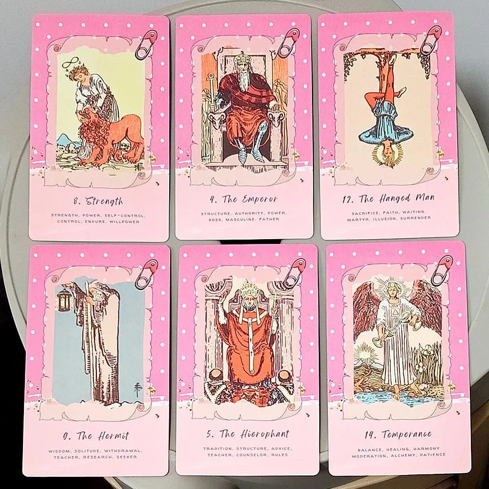 Różowy Waite Tarot marzycielski różowy kolaż talia tarota 78 estetycznych kart tarota Kawaii ze znaczeniami 12*7cm podwójnie tłoczone — image 4