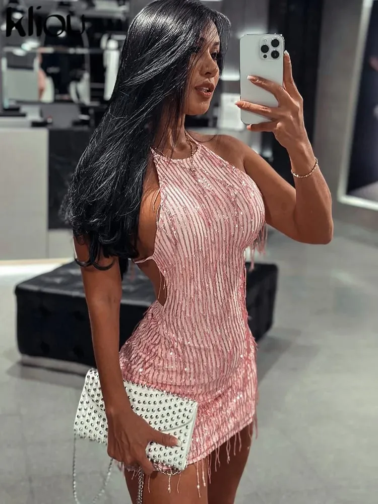 Kliou borla retalhos brilhante mini vestido feminino halter bandagem deslumbrante sem costas sem mangas magro vestido feminino festa clubwear
