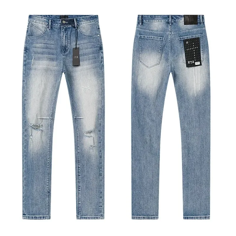 New RTA Destroyed Scratch Hole Light Blue Distressed Jeans Men's High Street Elastic Slim Fit Jeans 2026 Brand Pants Streetwear — image 5