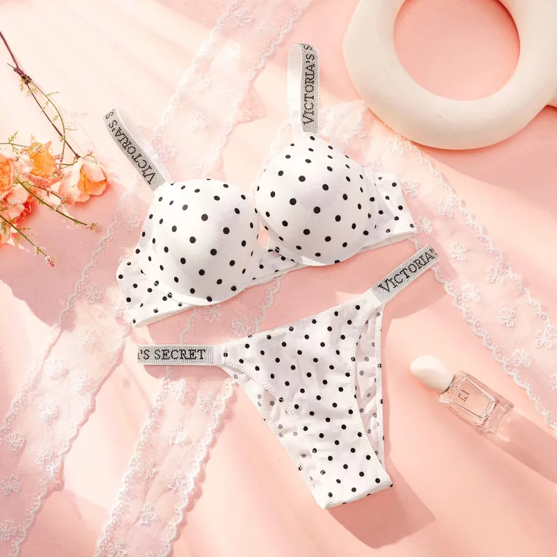 Victoria secret muito sexy brilho script bolinhas push up sutiã brilho script tanga conjunto de calcinha feminina lingerie sexy quente — image 3