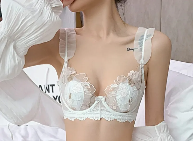 French Elegant Embroidered Lace Minimizer Bra Support Soft Underwire Rabbit Ear Cup Sexy Pure Lingerie Set Large Bust S-XL Tushy — image 9