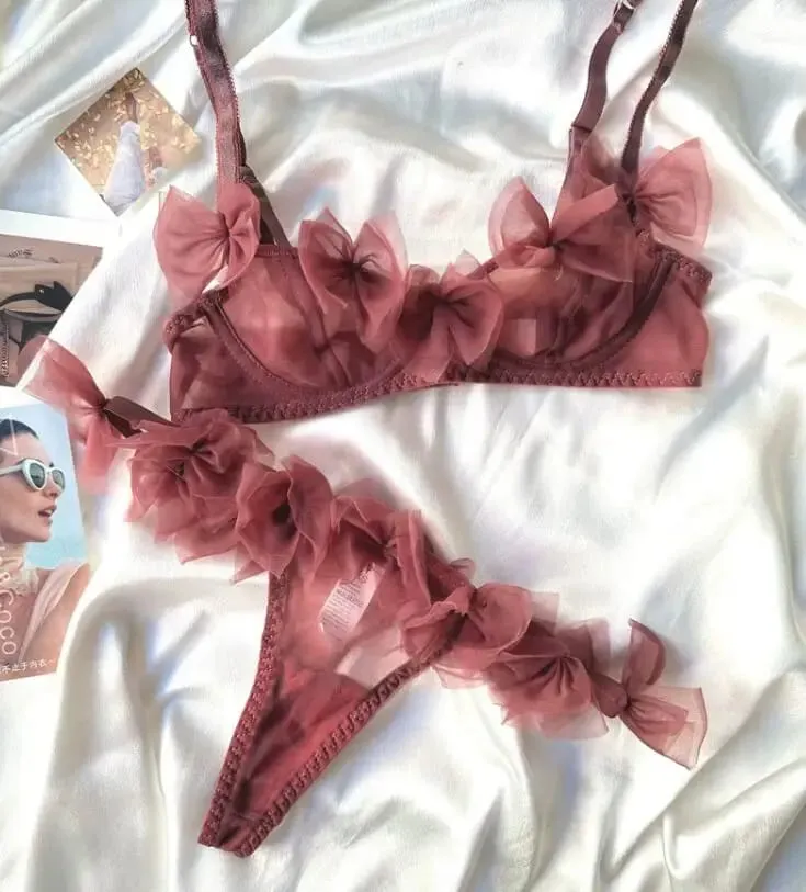 Florido/sexy malha lingerie tanga conjunto quente flertar meia xícara sutiã ultra-fino roupa interior feminina confortável senhoras sutiãs — image 3