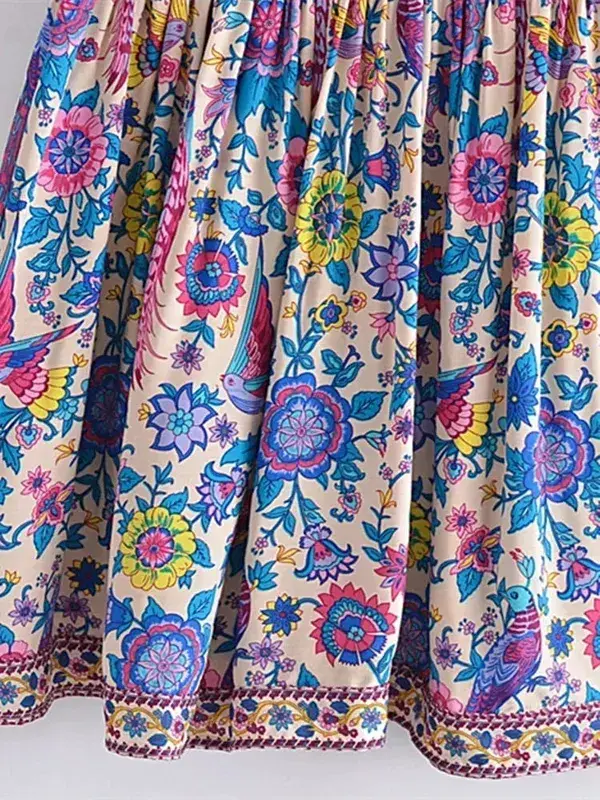 Vintage Chic Dam Peacock Blommönster Djup V-ringad Bohemian Mini Klänningar Dam Kortärmad Happie Beach Boho Klänning Vestidos — image 4