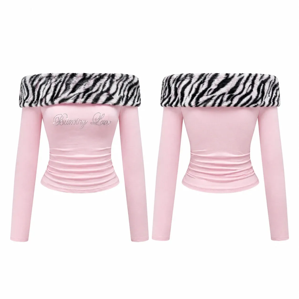 Women Y2K Tiger Print Faux Fur Trim Off Shoulder Top Rhinestone Burning Love Lettering Ruched Waist Fitted Bodycon Cropped Long Sleeve Bardot Tube Top Baddie Going Out Party Club,christmas valentine halloween cosplay costume plus size petit — image 13