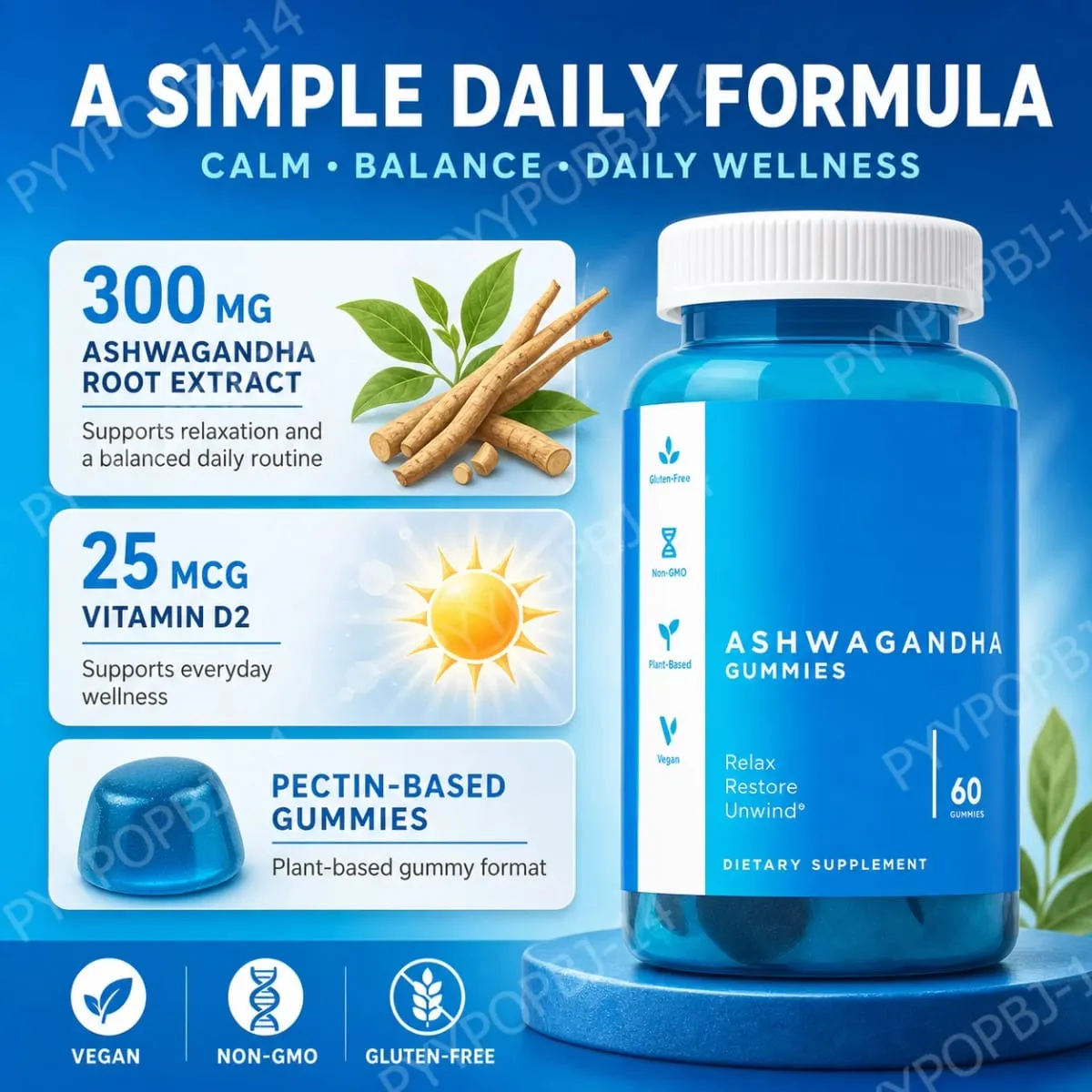 Conjunto de gomas de 3 pacotes: Ashwagandha para alívio do estresse, probióticos para a saúde intestinal + suplemento ACV Detox vegano sem glúten 60 ct cada — image 4