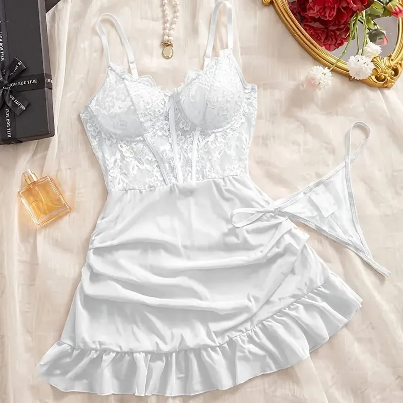 Hot Sexy Lace Splicing Dress Women Lingerie See Through Nightdress Solid Slim Soft V Neck Corset Push Up Bra Underwear Thong Set — image 6
