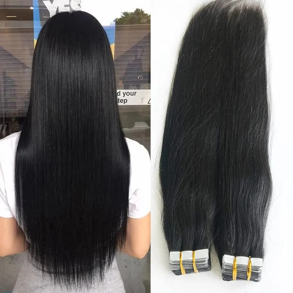 Straight Tape In Hair Extensions 50g Natural Black 100% Human Hair Tape Ins Full Head Seamless Invisible Adhesive Glue 26 Inches — image 2