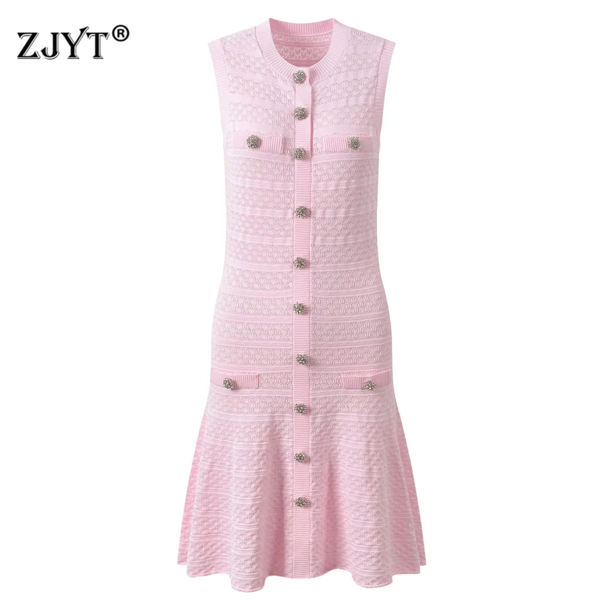 New Summer Women's Sleeveless Knit Dress Elegant Sweet Pink Casual Party Mini Short Dresses Female Knitwears with Buttons — image 1