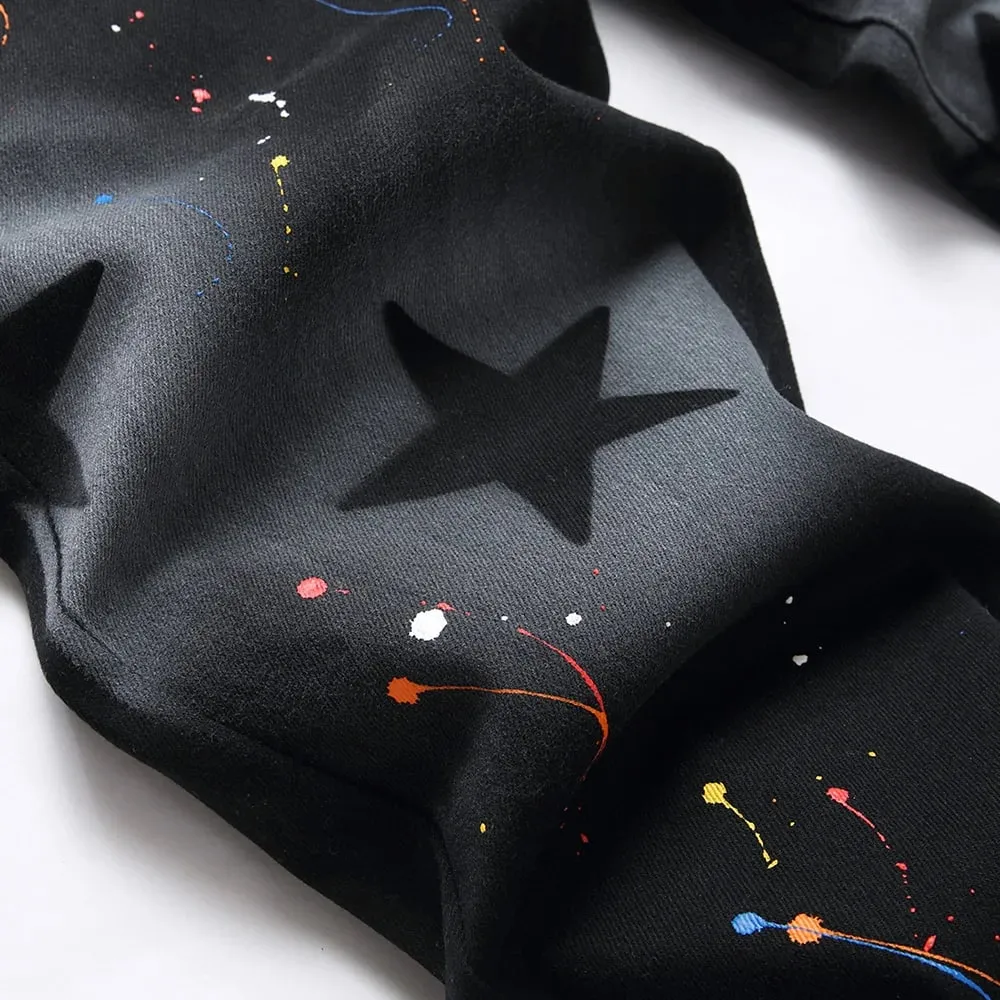 Men Star Painted Denim Jeans Casual Graffiti Print Slim Straight Pants Black Stretch Cotton Spandex Trousers
