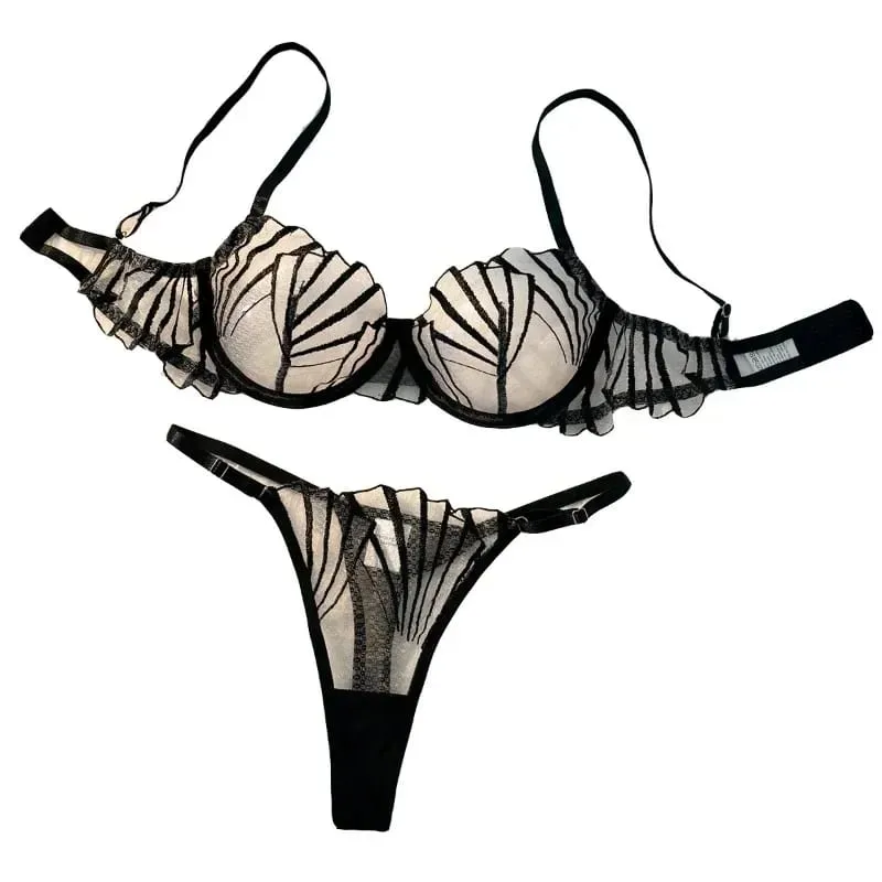 2pcs Women's Bra Set Sexy Lace Mesh Lingerie Set Ultra Thin Breathable Comfortable Lightweight Scallop Transparent Lingerie