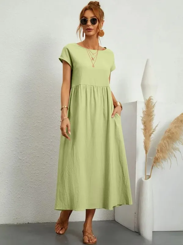 Premium Elegant Solid Cotton Linen Dress Summer Midi with Pockets Loose Fit Casual Crew Neck Short Sleeve for Beach Travel