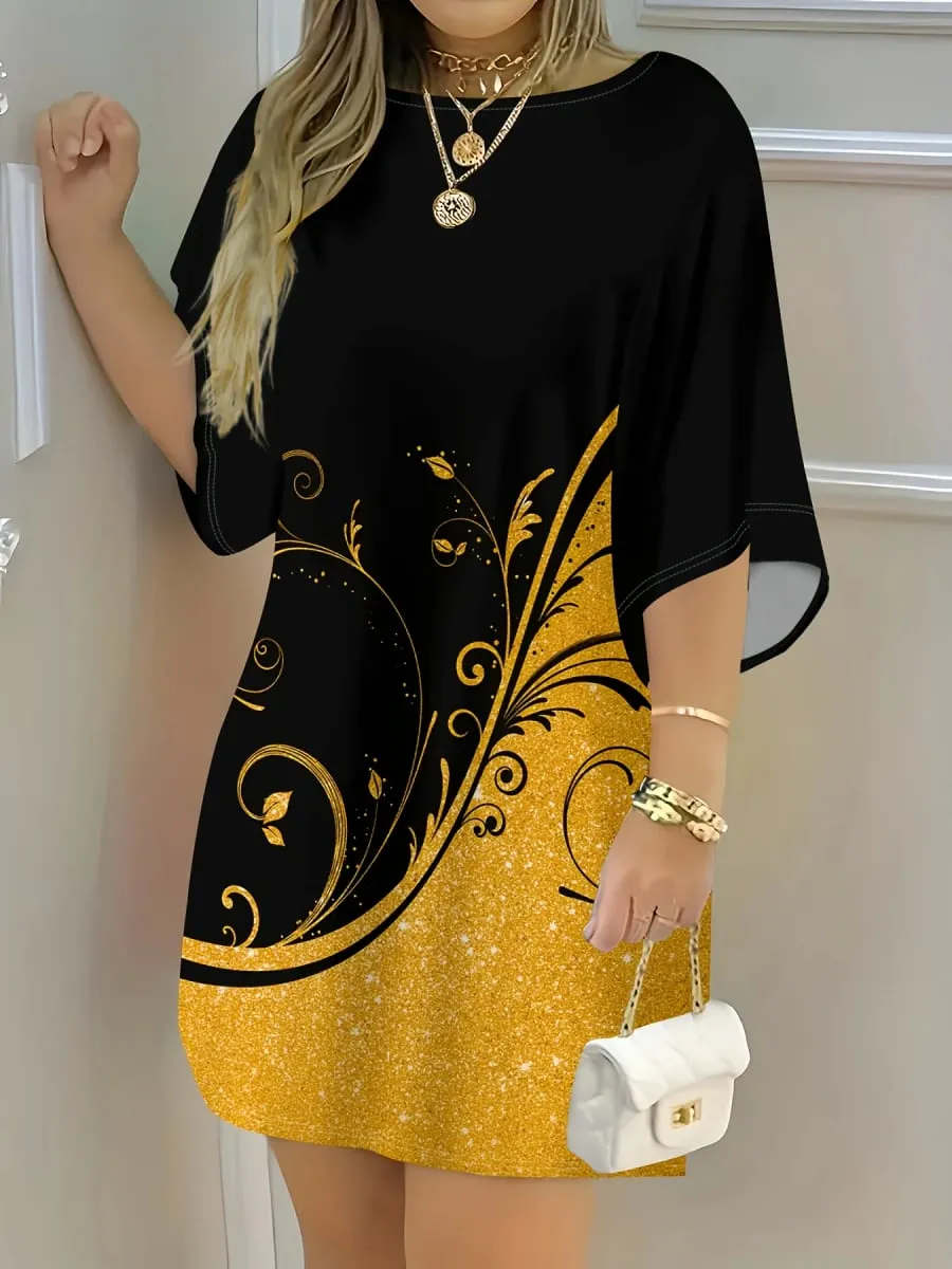 Printed Design black and gold short-sleeved T-shirt dress — image 2
