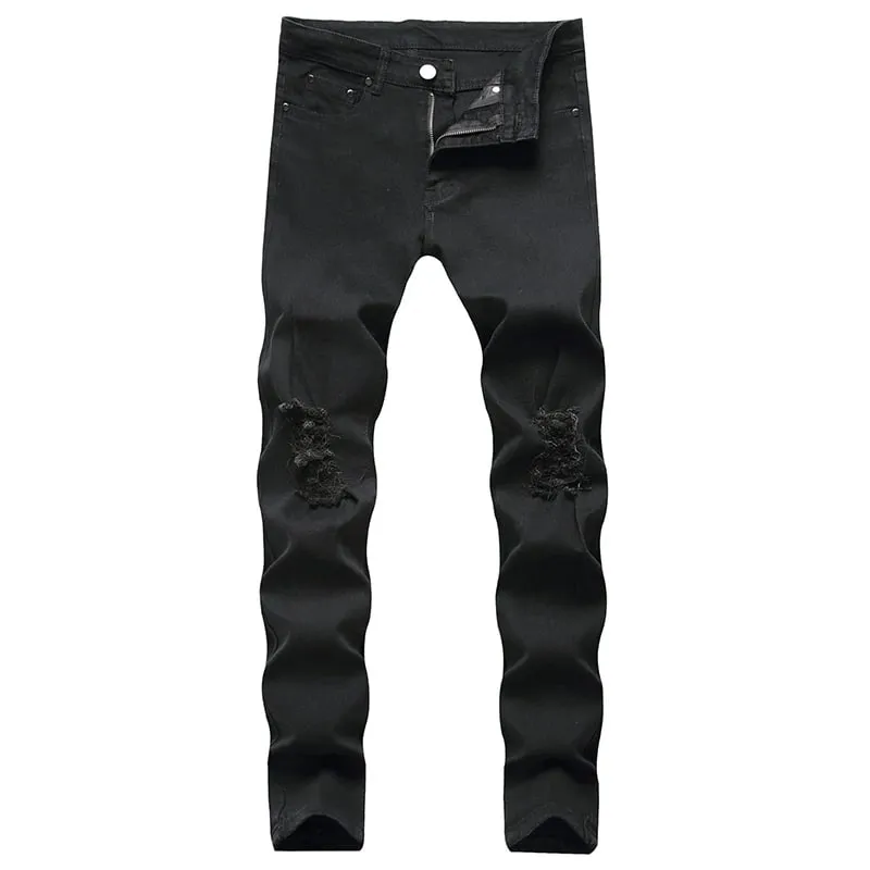 Skinny Stretch Ripped Jeans Men's Distressed Kpop Slim Fit Denim Pants American Street Style Rock Hip Hop White Black Trousers