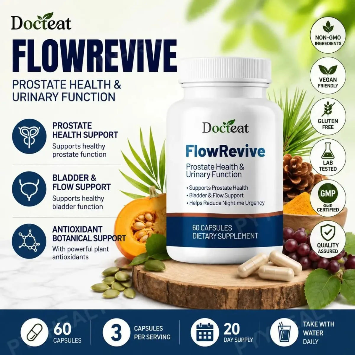 Docteat FlowRevive Prostate Health Capsules for Men with Quercetin Supports Normal Urinary Flow & Bladder Comfort 60 Capsules — image 1