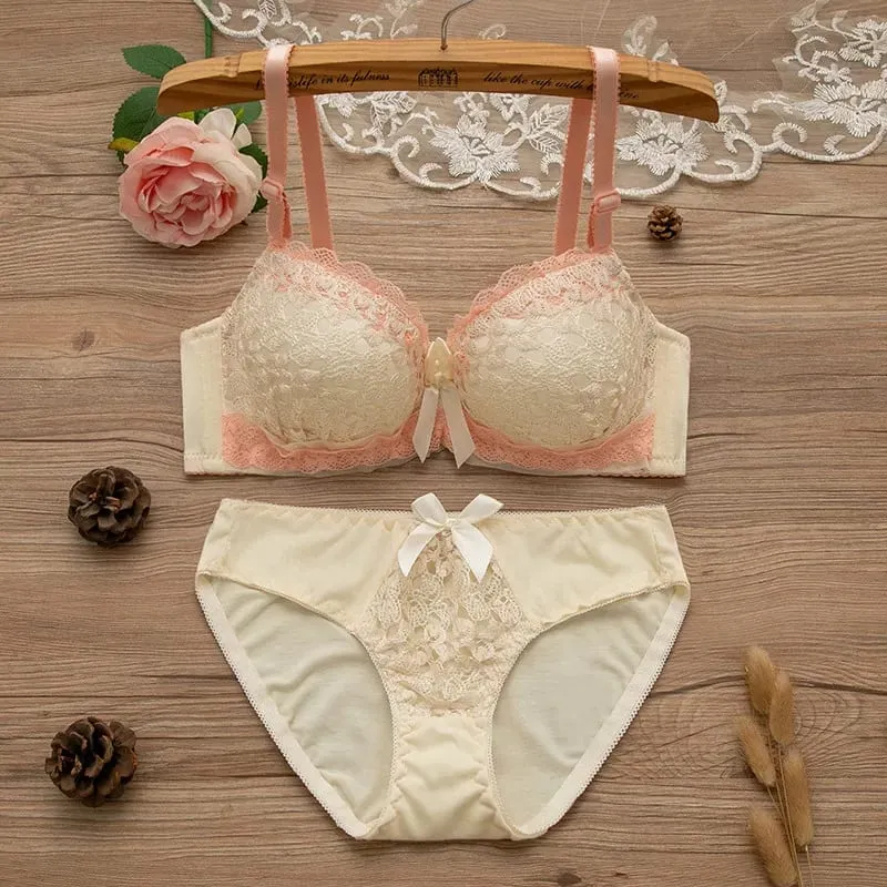 Women 2Pcs Intimates Set Sweet Peach Contrast Lace Floral Bow Underwire Bra Soft Cotton Mid Waist Panties Daily Comfort Lingerie
