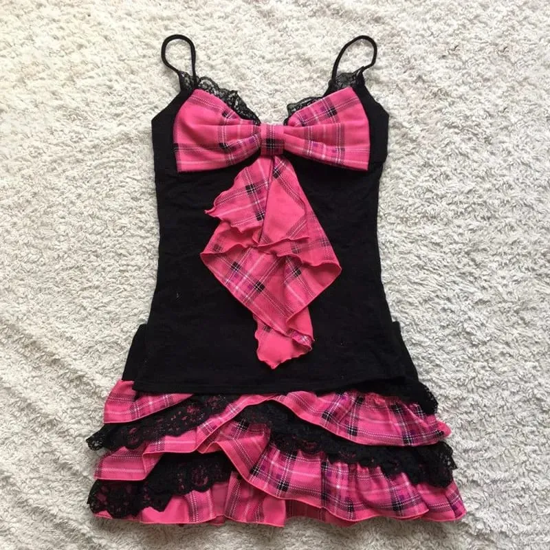 Streetwear y2k vestido de renda harajuku impressão gráfica casual hip hop saia linha única vestido gótico retro punk cintas saia moda