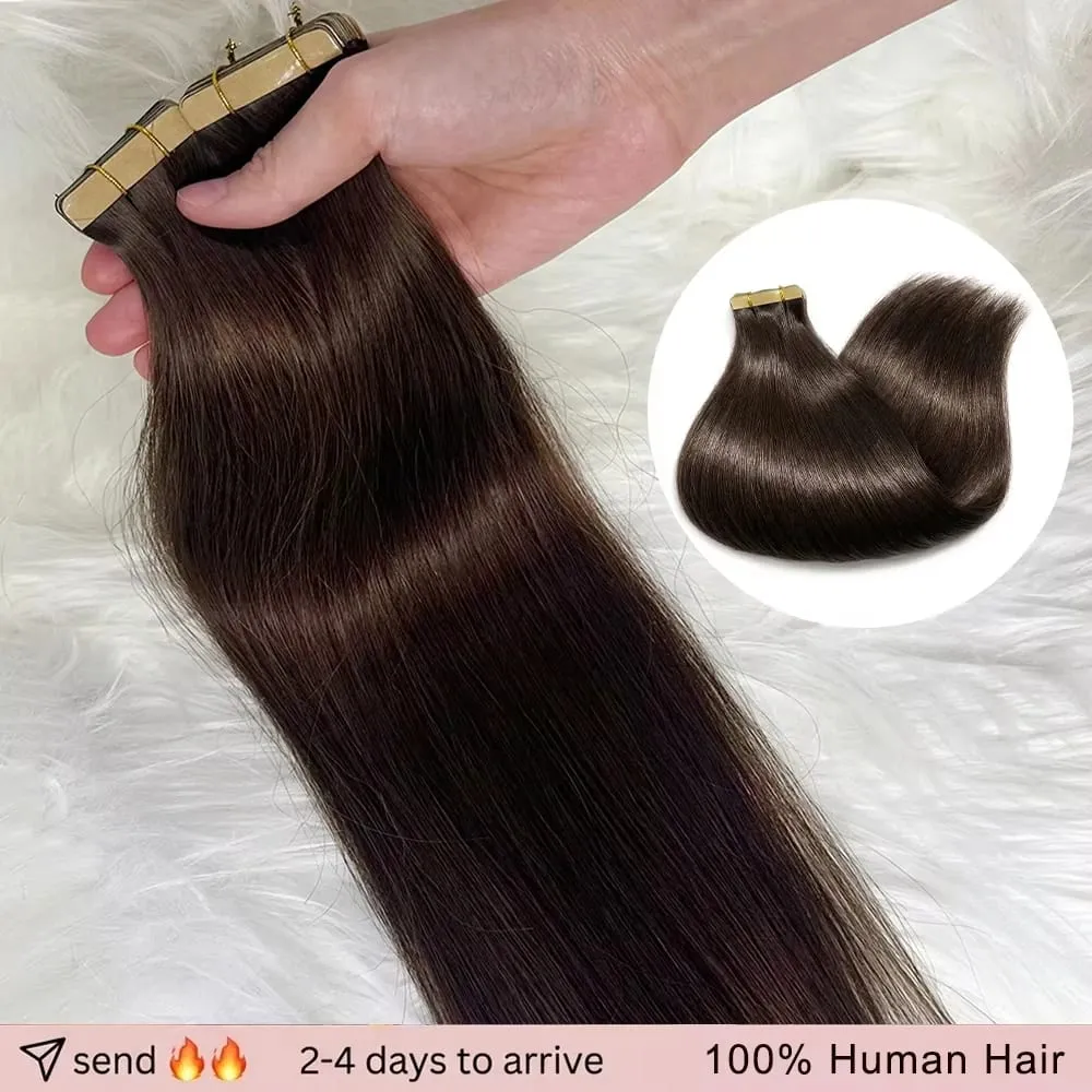 14A Straight Tape in Hair Extensions 100% Human Hair #4 Brown Virgin Remy Hair Extensions 21pcs 50g Pack Invisible Skin Weft 18 20 22 Inch