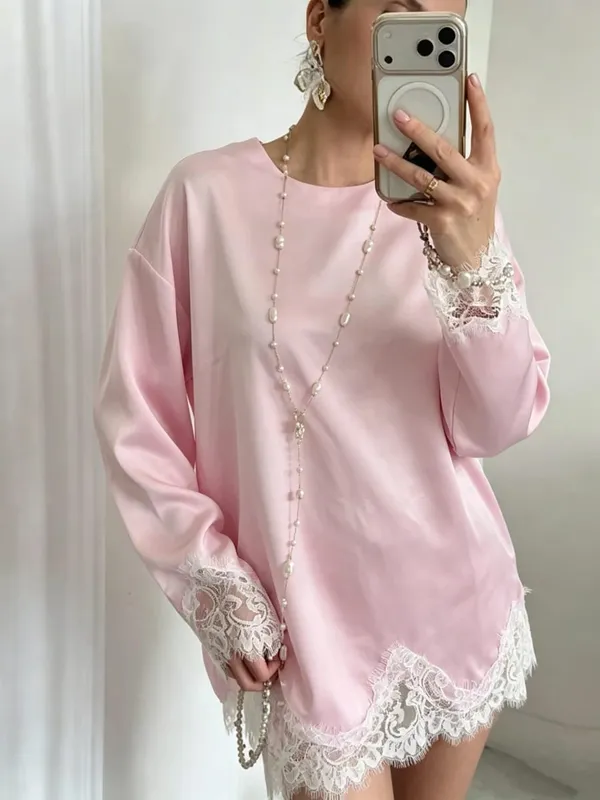 Pambabae Light Blue Lace Satin Round Neck Dress Elegant Side Tie Long Sleeve Soft Short Gown 2026 Daily Vacation Party Sundress — image 4