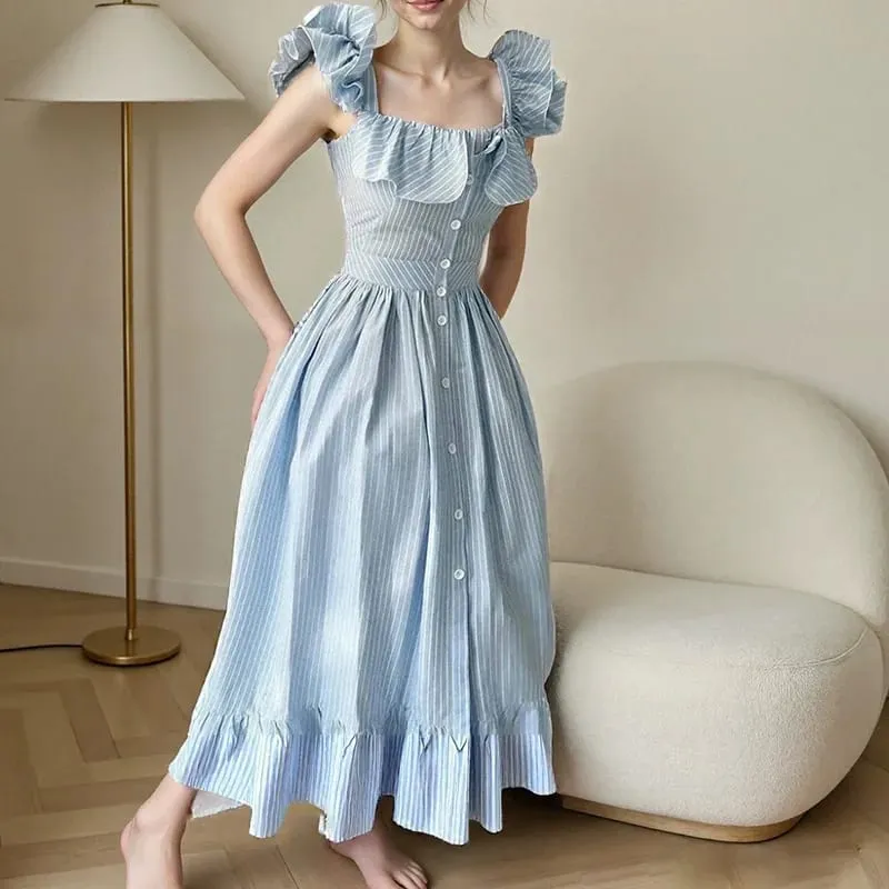 Mangas voadoras listradas vestidos longos mulher elegante único breasted a linha roupões feminino chique cintura alta verão senhora roupões férias — image 3