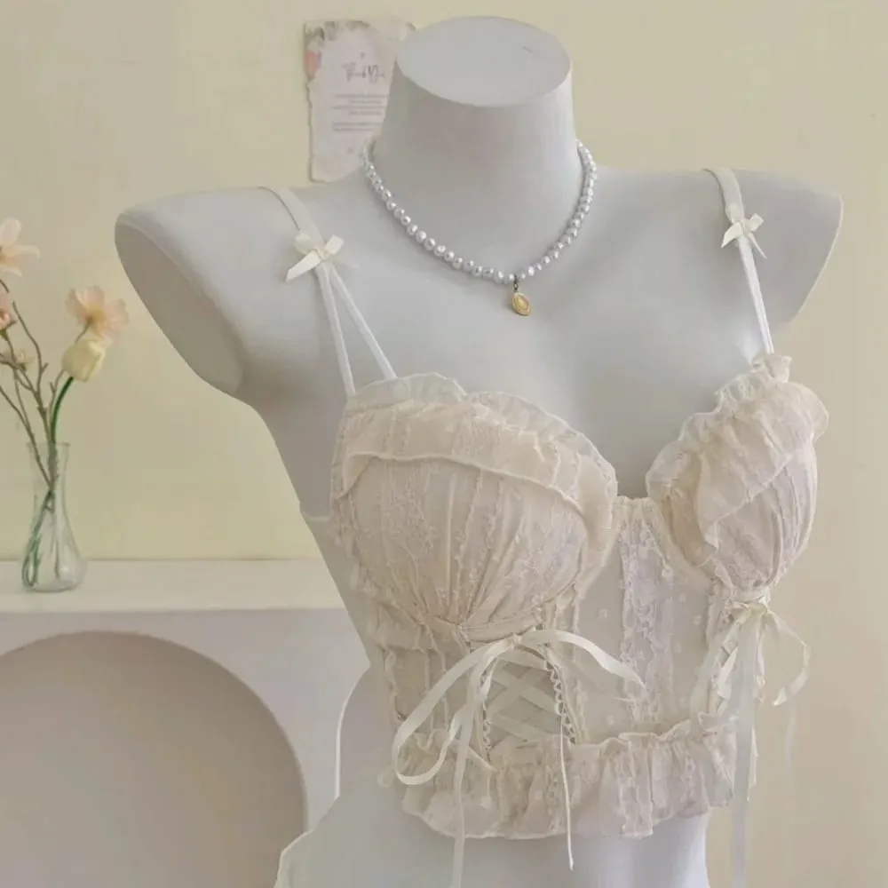 Women Lace Lingerie Set Ruffle Edge Mesh Cross Strappy Push Up Bra For Small Chest Sweet Soft Daily Comfy Underwear Two Piece — image 2
