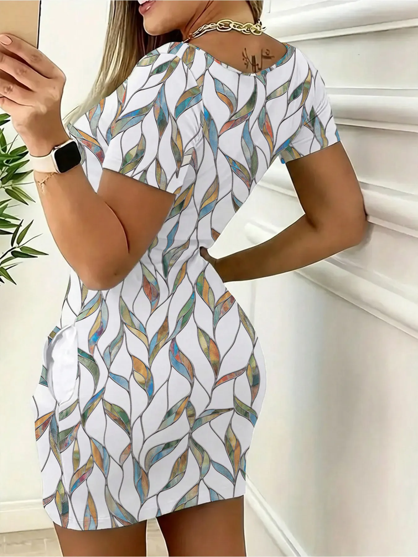 Elegant Casual round Neck Solid Color Leaf Pattern Pocket Short Sleeve Mini Skirt Long Dress Comfortable Fashion Women's Dress — image 2