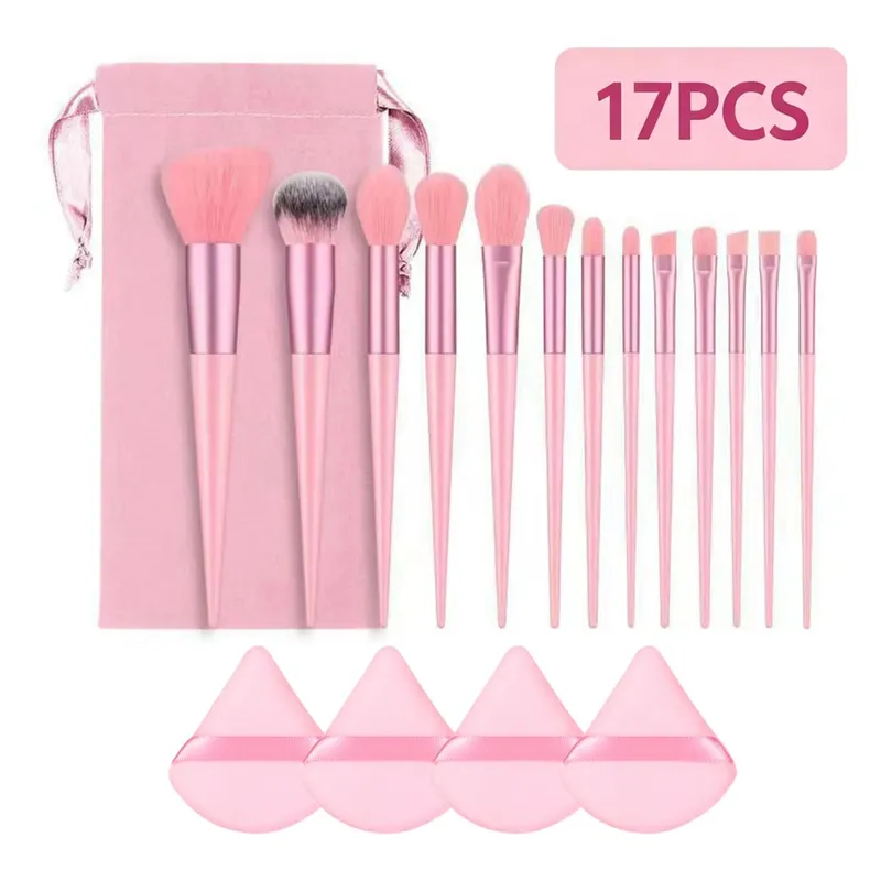 17 Pcs Makeup Brush Set with Sponge - Soft Fluffy Pink Kabuki Brushes for Foundation Powder & Eyeshadow | Beauty Kit