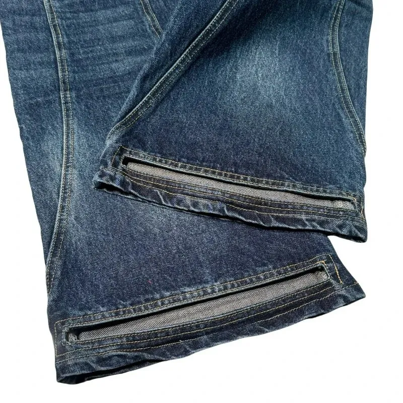 Y2K Vintage Flare Jeans Men Women Dark Wash Denim Pants Mid Waist Split Hem Embroidery Pocket Retro Streetwear Bootcut Trousers