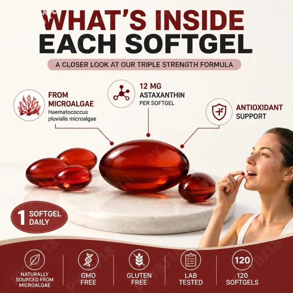 Astaxanthin 12mg Softgels from Microalgae Triple Strength Antioxidant Supplement Cellular Wellness & Everyday Balance 120 Count — image 6