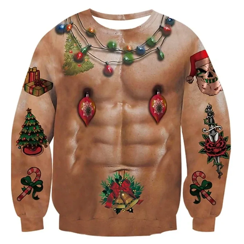 Jul ful tröja Rolig 3D-utskrift muskelmönster tröjor för män Nytt mode tröja fest Cosplay kostym julklapp — image 8
