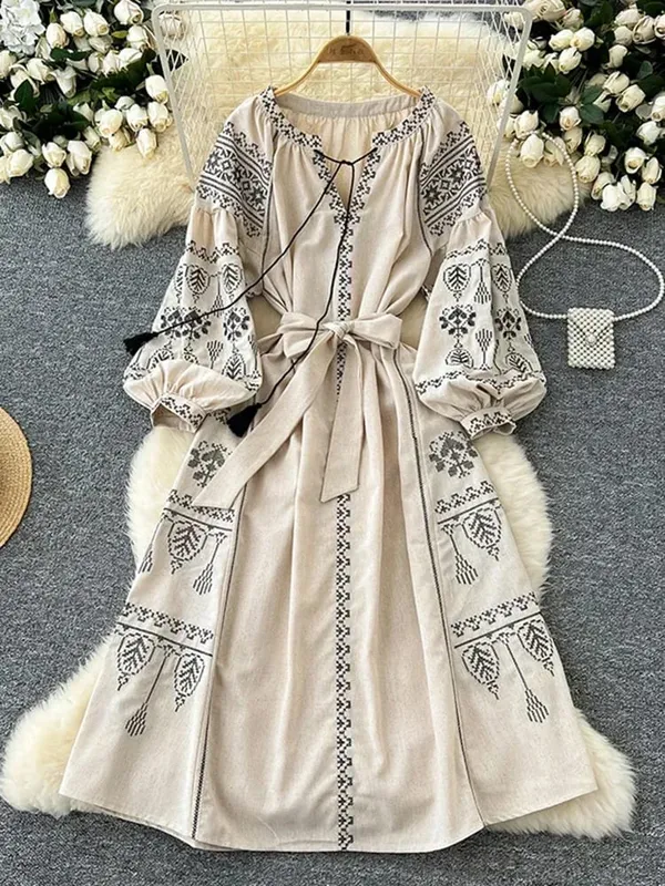 Bohemian Retro Ethnic Style Dress Pambabae New Spring Autumn Embroidered Lace Up Lantern Sleeves Waist Cinching Long Dress A155