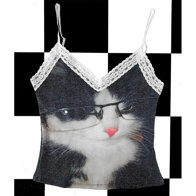 Women Lace Trim Spaghetti Strap Cami Top Cute Glasses Cat Print Slim Y2K Coquette Summer Sleeveless Crop Tank Top — image 1