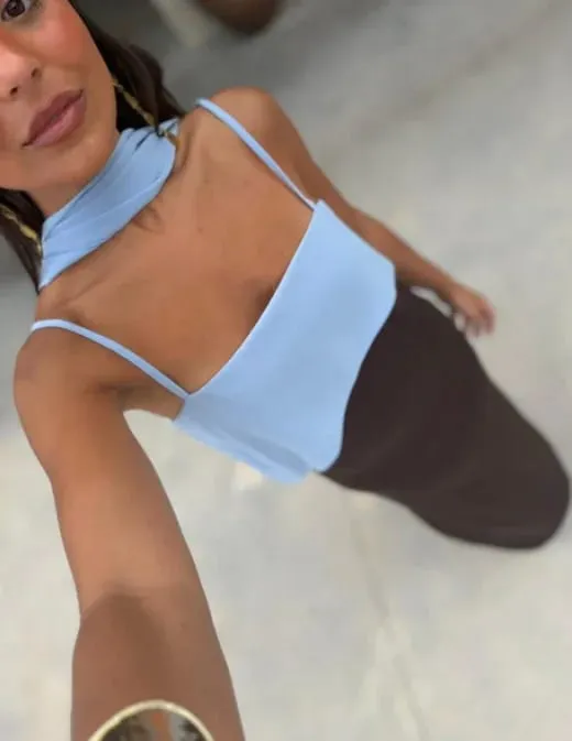 Color Blocking Scarf Collar Suspender Women Maxi Dress Spaghetti Strap High Split Floor Length Evening Dresses Lady Party Robes — image 6