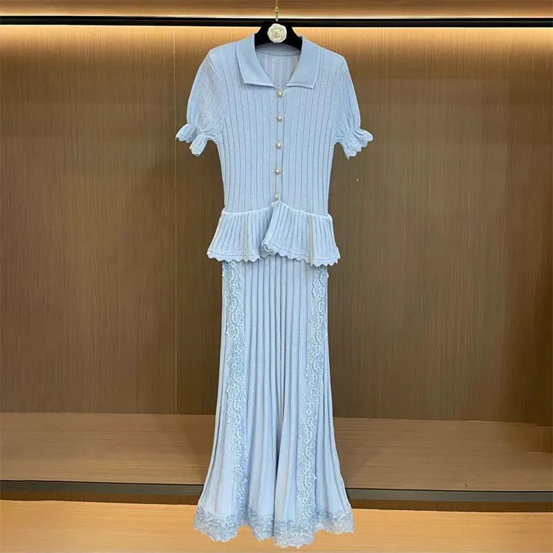 New Summer Women's Lace-Trimmed Short-Sleeve Knitted DressY2K High-Quality Fashionable Casual Faux Two-Piece Fishtail Maxi Dress — image 5