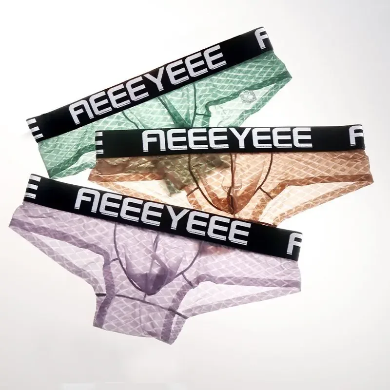 Sexy roupa interior masculina de seda gelo losango ultra-fino transparente macio homem briefs hip levantamento respirável elástico calcinha masculina cintura baixa — image 14