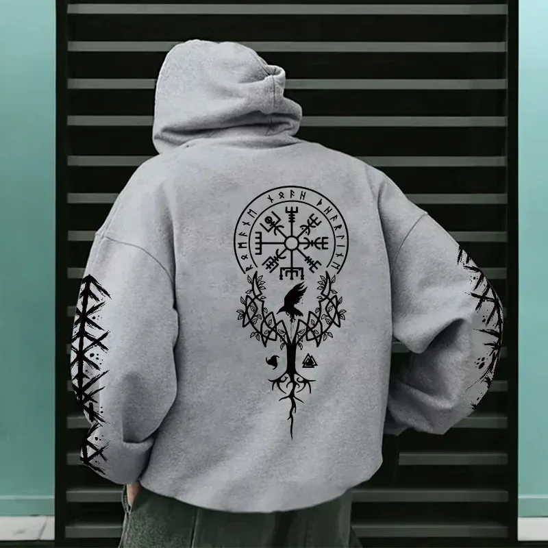 Winter and Autumn Edition Viking Nordic Runes Printed Men's Large-Sized Hooded Sweatshirt para sa Street Casual Wear