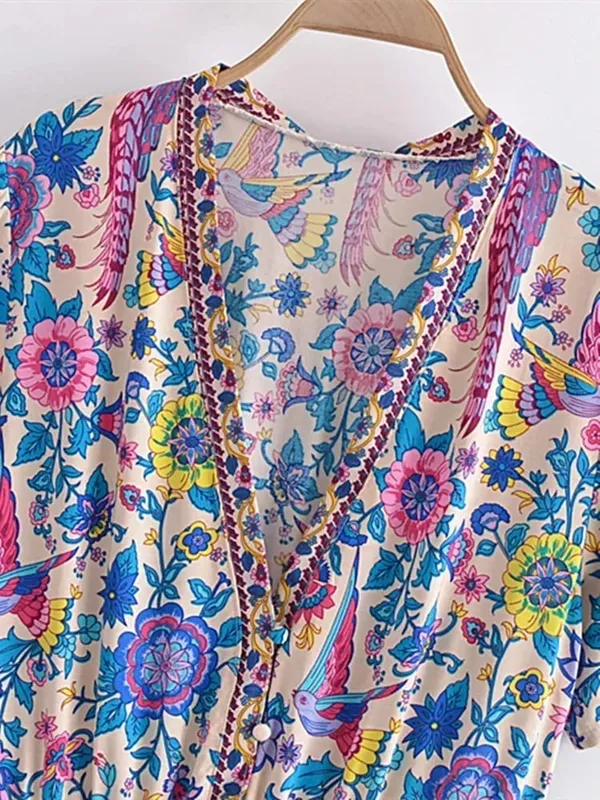 Vintage Chic Dam Peacock Blommönster Djup V-ringad Bohemian Mini Klänningar Dam Kortärmad Happie Beach Boho Klänning Vestidos — image 3